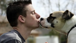 boy kissing dog